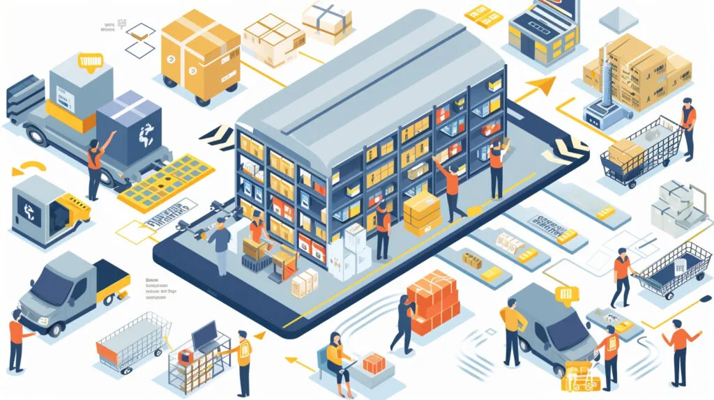 3d cartoon scene depicting people working in a warehouse 