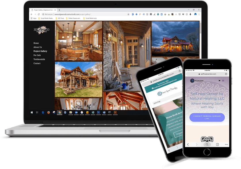 A responsive lodge website displayed on a laptop and two phones.