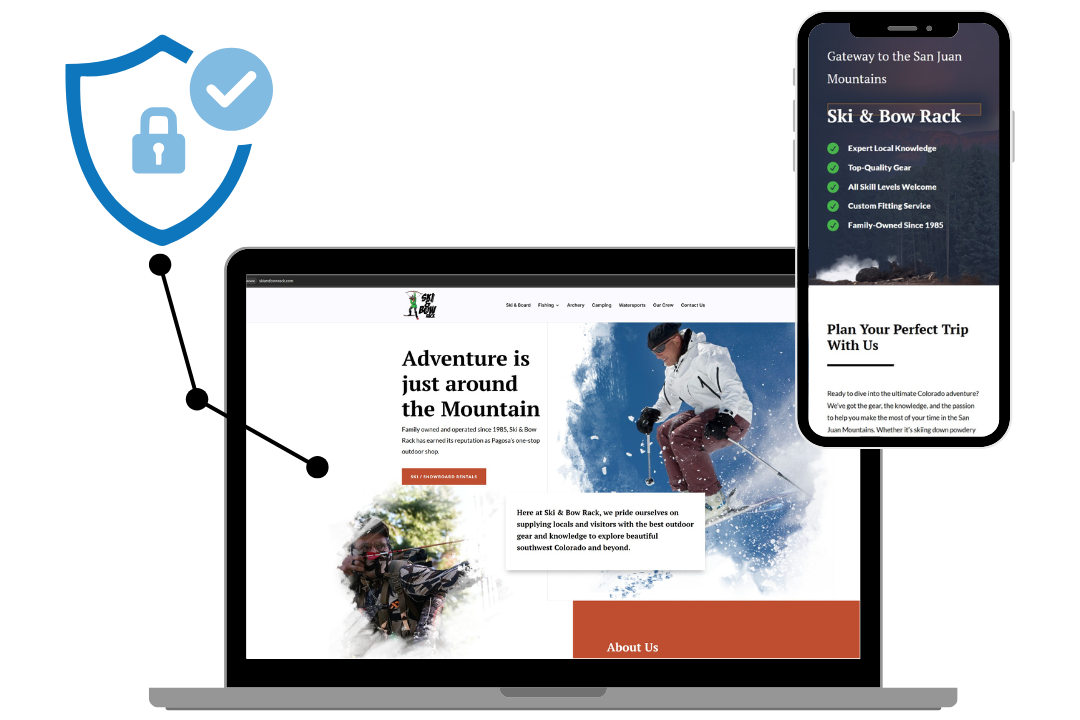 Secure website hosting illustration — a business website on a laptop and phone behind a lock-and-shield icon.