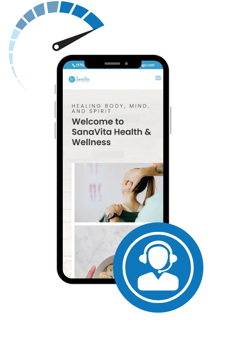 A fast, mobile-responsive website shown on a smartphone with a page-speed gauge and a customer-support icon.