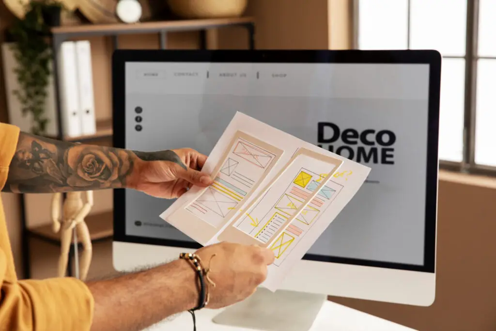 man holding paper with web design blueprint