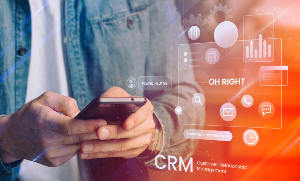 Man holding his phone with CRM illustration