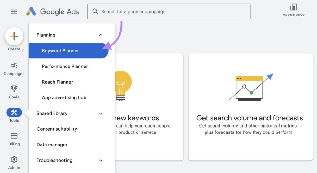 Google Ads page showing how to add keyword planner