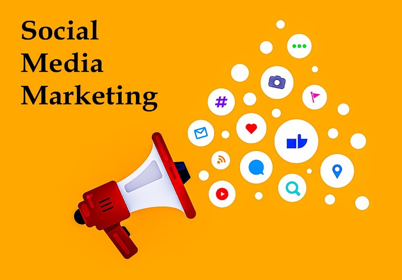 social media marketing concept. Megaphone with social media icons.