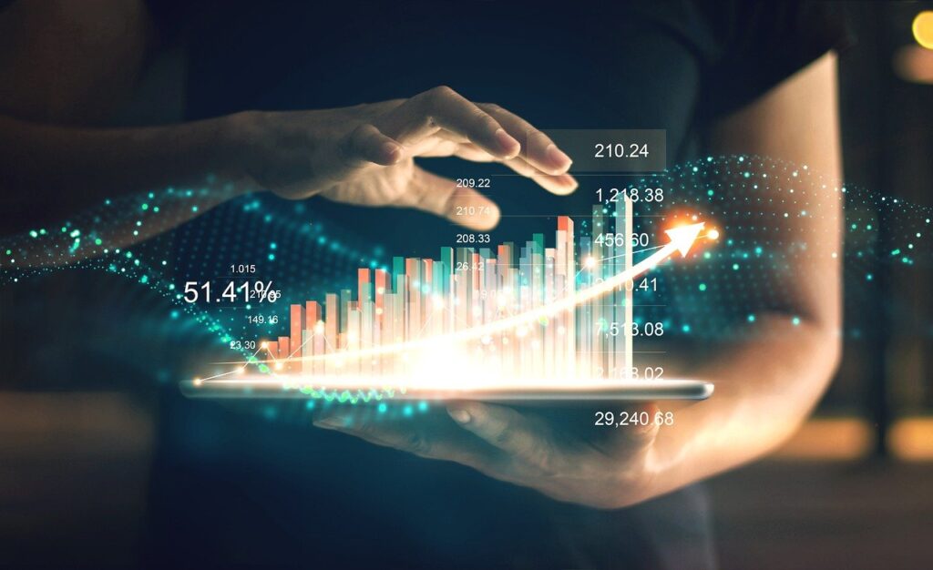 Data analytics concept. Man holding a 3D Bar graph with 