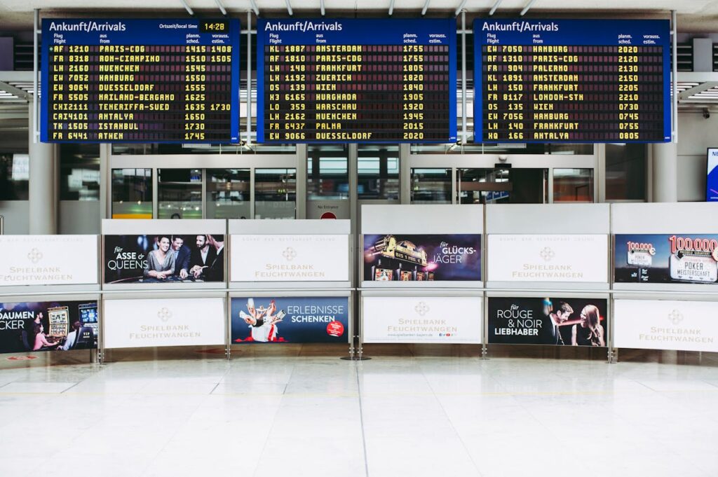 Digital signages in arrivals and departures section of airport.